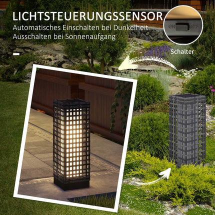 Lampe solaire, lampe solaire en rotin, éclairage d'allée étanche avec capteur de lumière, lampe de jardin à LED automatique, éclairage d'extérieur pour balcon, acier, gris