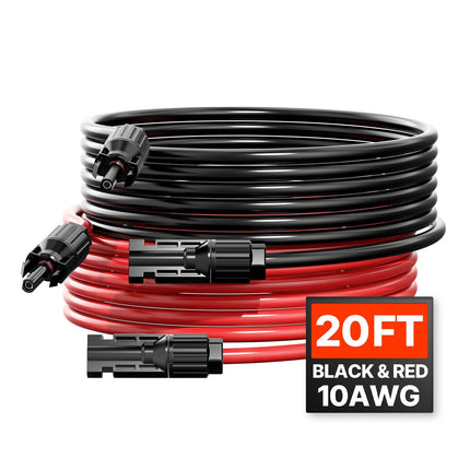 Solar Panel Extension Cable 20ft 10AWG MC4 Connectors, Pair