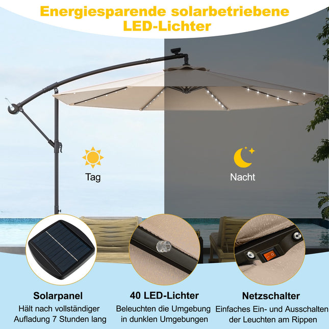 Solar-Terrassenschirm mit 40 LED-Leuchten, Beige, 300 cm