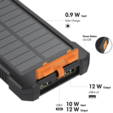 Solar-Powerbank 10.000 mAh 2xUSB-A + USB-C Ein-/Ausgang 12 W