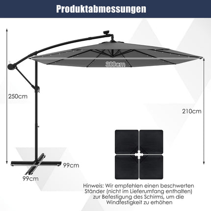 Solar-Ampelschirm, 300 cm, 40 LED-Lichter, Grau
