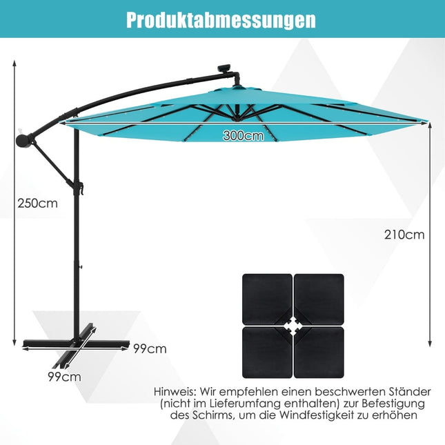 Solar-Terrassenschirm mit LED-Beleuchtung, 300 cm, Türkis