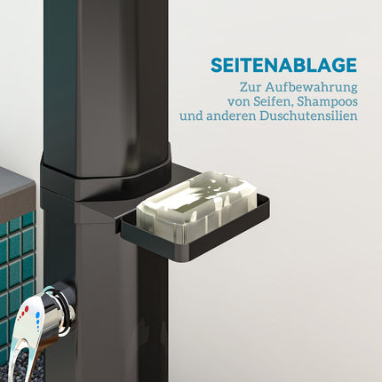 Solardouche 35 liter solartuindouche met kraan, douchekop, handdouche, zijbak, tot 55 °C, buitendouche zonder stroomaansluiting, buitendouche, campingdouche, regendouche, warm water