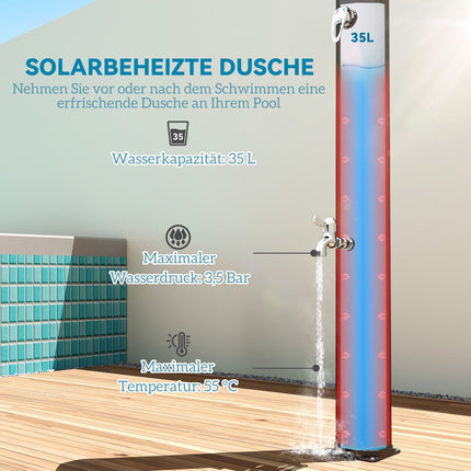 Solardouche 35 liter solartuindouche met kraan, douchekop, handdouche, zijbak, tot 55 °C, buitendouche zonder stroomaansluiting, buitendouche, campingdouche, regendouche, warm water
