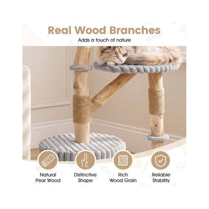 Solid Wood Cat Tree with Real Branches and Scratching Posts, 41 Inch, Grey