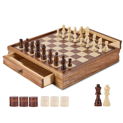 Solid Wood Chess Set 15-Inch, 2-in-1 with Drawer
