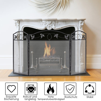 Spark protection grille with sturdy metal frame, 3-part foldable fireplace grille, black