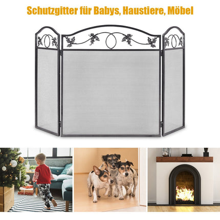 Spark protection grille with sturdy metal frame, 3-part foldable fireplace grille, black