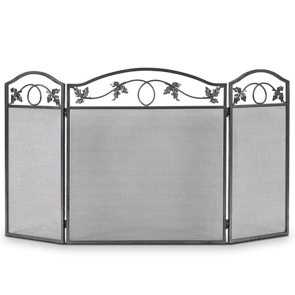 Spark protection grille with sturdy metal frame, 3-part foldable fireplace grille, black