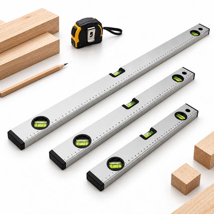 Spirit Level Set of 3, 40, 60 and 100 cm, Aluminium – 0°, 45°, 90° Vials, Silver