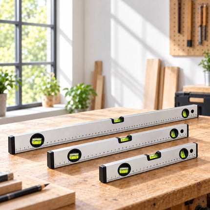 Spirit Level Set of 3, 40, 60 and 100 cm, Aluminium – 0°, 45°, 90° Vials, Silver