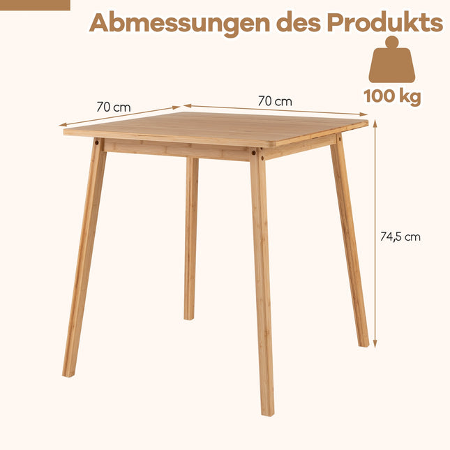 Quadratischer Bambus-Esstisch 70x70 cm für 2-4 Personen