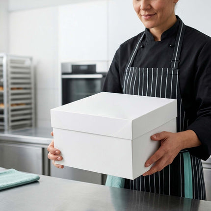 Quadratische Kuchenschachteln mit Deckel und Unterlagen, lebensmittelechter Karton