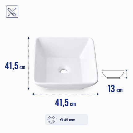Square Ceramic Washbasin, 41.5 cm, No Tap Hole