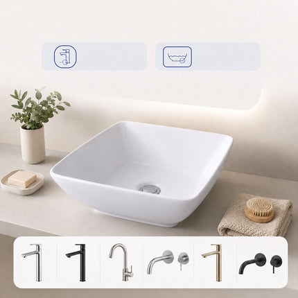 Square Ceramic Washbasin, 41.5 cm, No Tap Hole