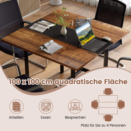 Square Conference Table, Metal Frame, Rustic Brown, 100x100 cm