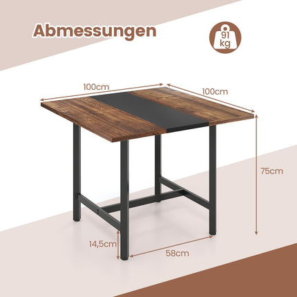 Square Conference Table, Metal Frame, Rustic Brown, 100x100 cm