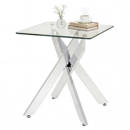 Square Glass Side Table with Metal Frame, Silver