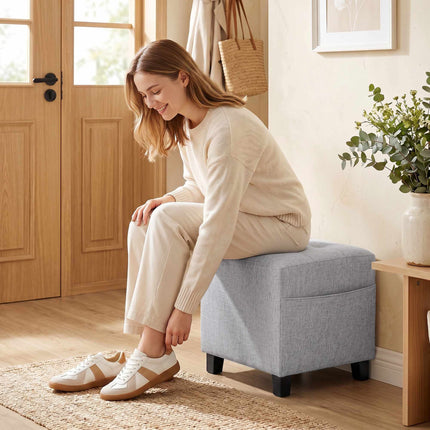 Square Ottoman Footstool With Side Pocket, Light Grey
