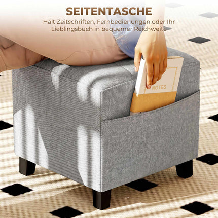 Square Ottoman Footstool With Side Pocket, Light Grey