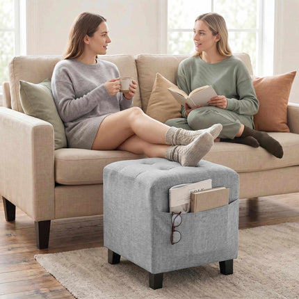 Square Ottoman Footstool With Side Pocket, Light Grey