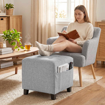Square Ottoman Footstool With Side Pocket, Light Grey