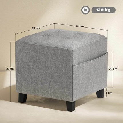 Square Ottoman Footstool With Side Pocket, Light Grey