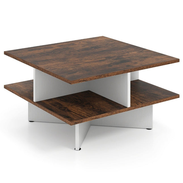Quadratischer Couchtisch aus Holz mit 4 Ablagefächern, Rustikales Braun