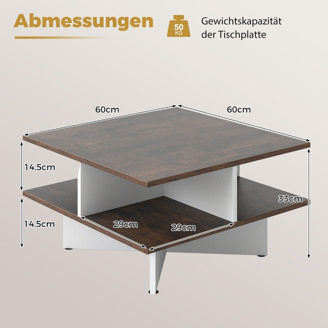 Quadratischer Couchtisch aus Holz mit 4 Ablagefächern, Rustikales Braun