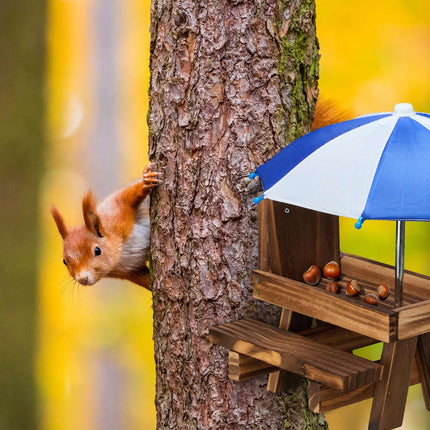 Eichhörnchen-Picknicktisch mit Futterstation und 2 Sonnenschirmen