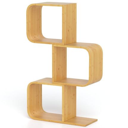 S-shaped bamboo bookcase with 3 levels, standing shelf, cube shelf, office shelf, 61 x 23 x 100 cm