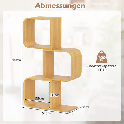 S-shaped bamboo bookcase with 3 levels, standing shelf, cube shelf, office shelf, 61 x 23 x 100 cm