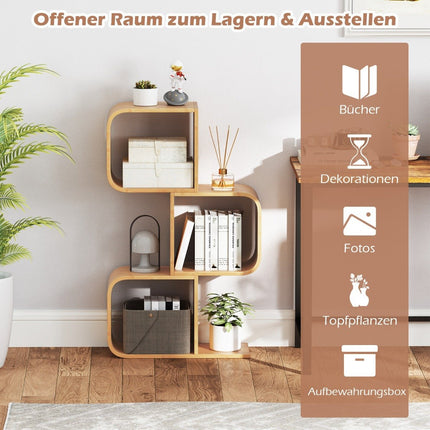 S-shaped bamboo bookcase with 3 levels, standing shelf, cube shelf, office shelf, 61 x 23 x 100 cm