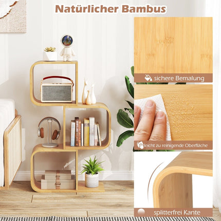 S-shaped bamboo bookcase with 3 levels, standing shelf, cube shelf, office shelf, 61 x 23 x 100 cm