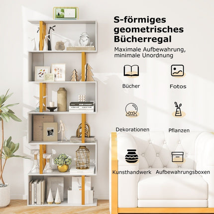 S-shaped bookcase with 6 levels standing shelf room divider storage shelf 70 x 24 x 189 cm