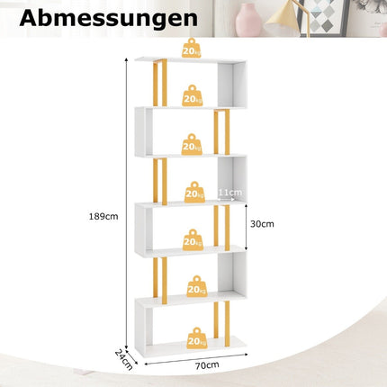 S-shaped bookcase with 6 levels standing shelf room divider storage shelf 70 x 24 x 189 cm