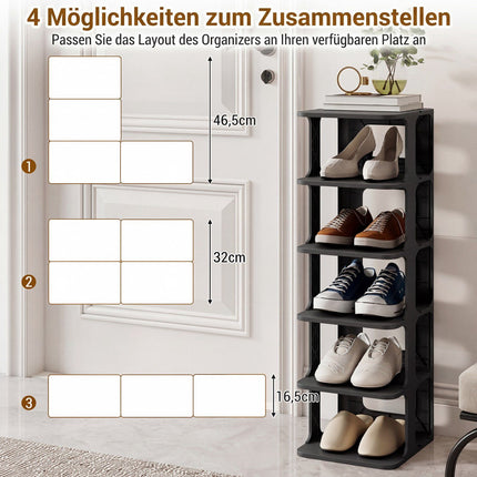 Stapelbares Schuhregal mit 6 Etagen, Schwarz, vertikaler Organizer