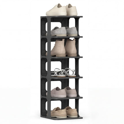 Stapelbares Schuhregal mit 6 Etagen, Schwarz, vertikaler Organizer