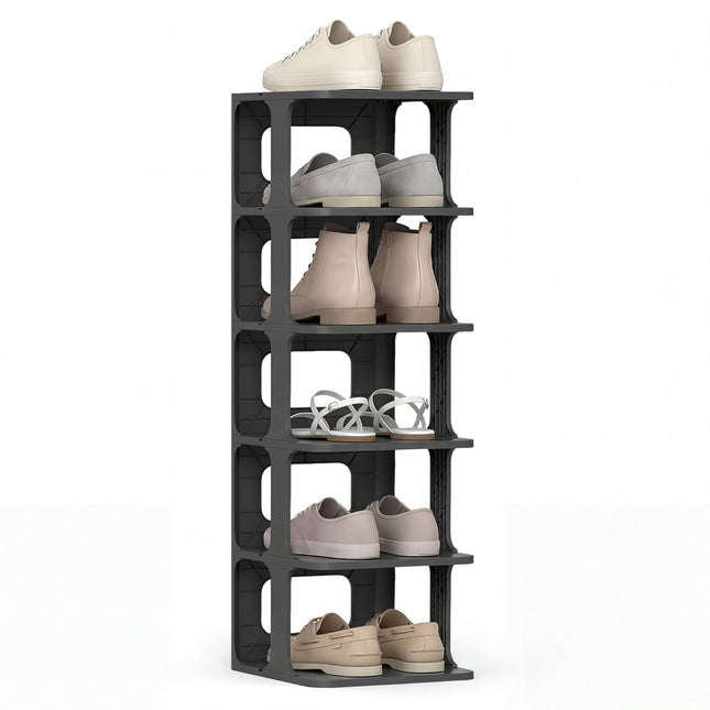 Stapelbares Schuhregal mit 6 Etagen, Schwarz, vertikaler Organizer