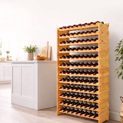 Stackable Bamboo Wine Rack for 108 Bottles, Self-Assembly, Natural