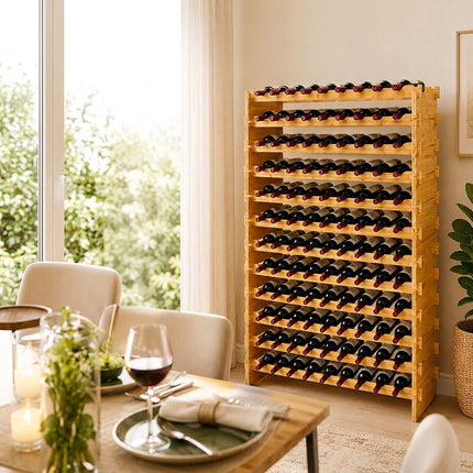 Stackable Bamboo Wine Rack for 108 Bottles, Self-Assembly, Natural