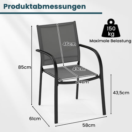 Stapelbare Outdoor-Stühle, 2er-Set, Metall & Textilene, Grau