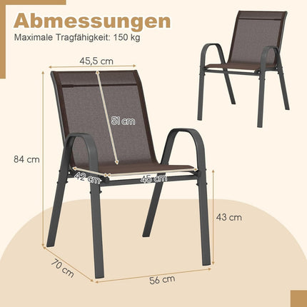 Stackable Outdoor Chairs Set of 4, Metal Frame, Brown