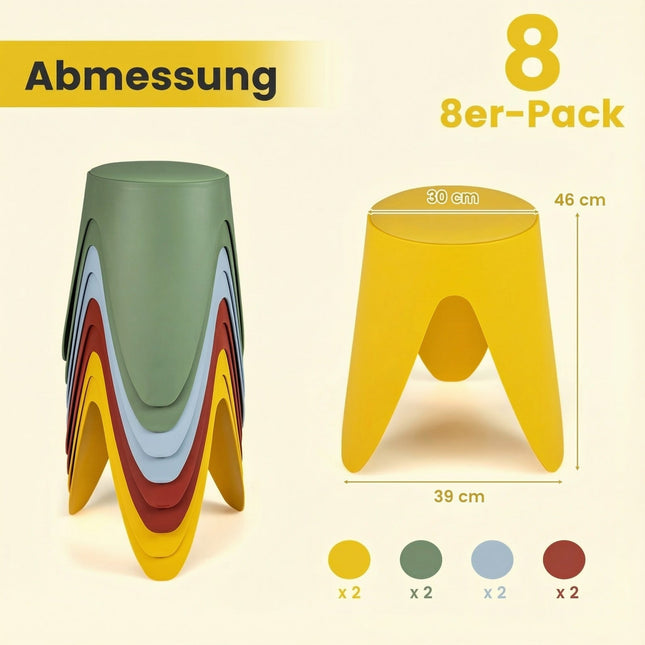 Stapelbare Plastikhocker, 8er-Set mit Kissen, 46 cm hoch