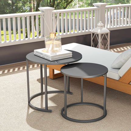 Stackable Round Outdoor Side Table Set, Dark Grey Steel