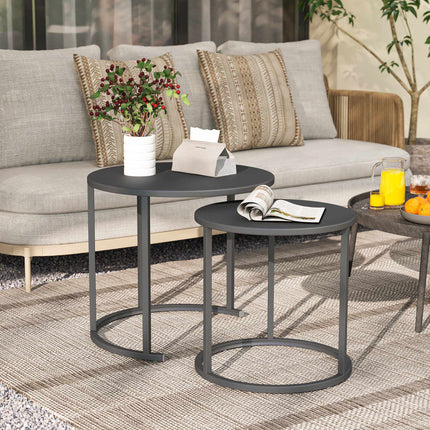 Stackable Round Outdoor Side Table Set, Dark Grey Steel