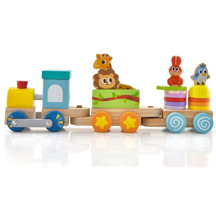 Stapelbares Holzeisenbahn-Set mit bunten Tierfiguren und lustigen Holzwaggons für Jungen und Mädchen ab 3 Jahren