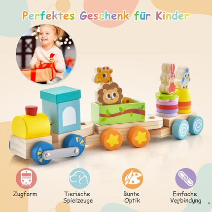 Stapelbares Holzeisenbahn-Set mit bunten Tierfiguren und lustigen Holzwaggons für Jungen und Mädchen ab 3 Jahren