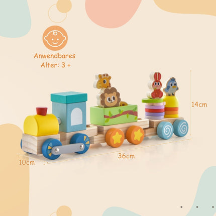 Stapelbares Holzeisenbahn-Set mit bunten Tierfiguren und lustigen Holzwaggons für Jungen und Mädchen ab 3 Jahren