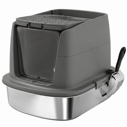 Stainless Steel Covered Cat Litter Box, Scoop, Dark Gray